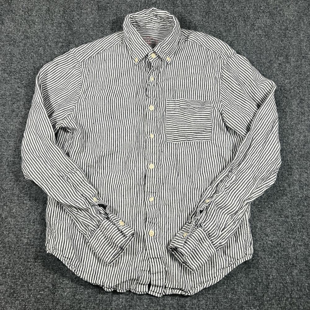Alex Crane Playa 100% Linen Button Down Shirt Black White Striped Mens Small S